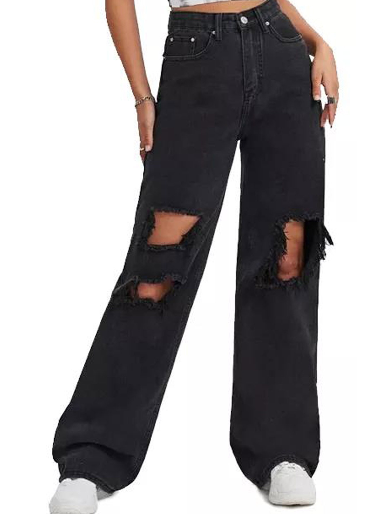 Jeans Rectos Negros Cintura Alta Pantalones Mezclilla Tiro - Temu