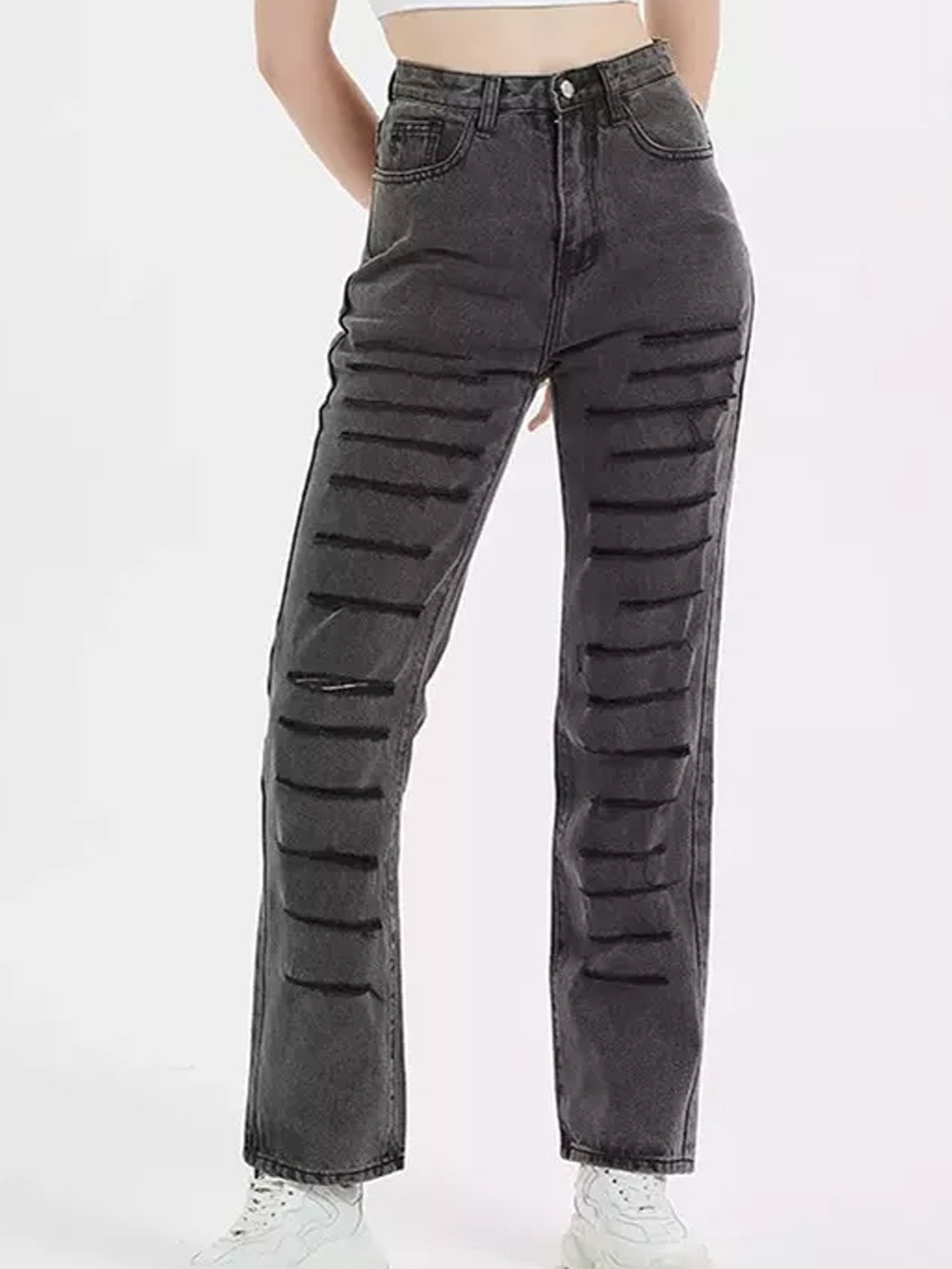 Dark Blue Ripped Straight Jeans Distressed Loose Fit Slash - Temu