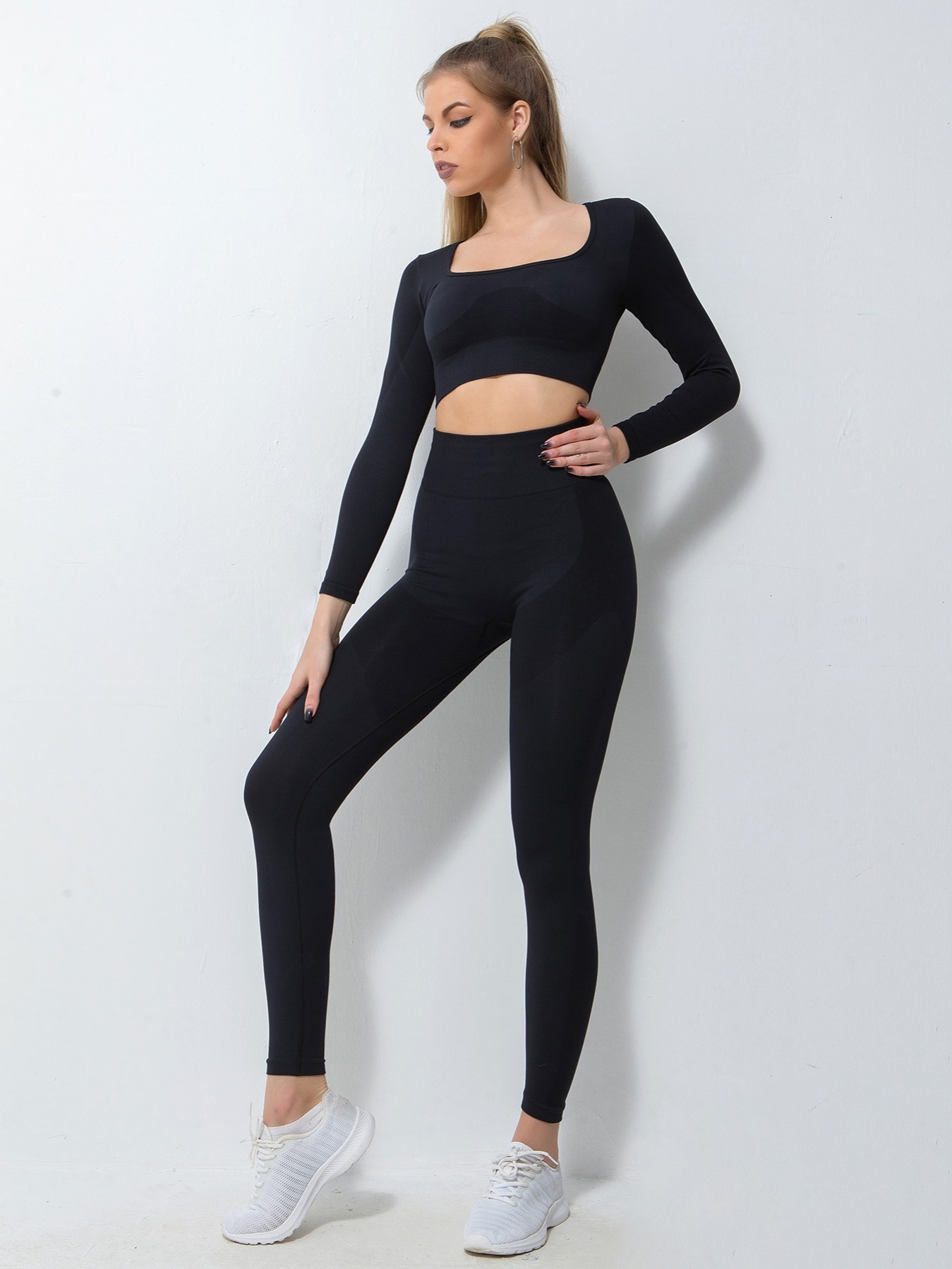 Slim Fit Workout Set Long Sleeves Quick Drying Crop Top High - Temu
