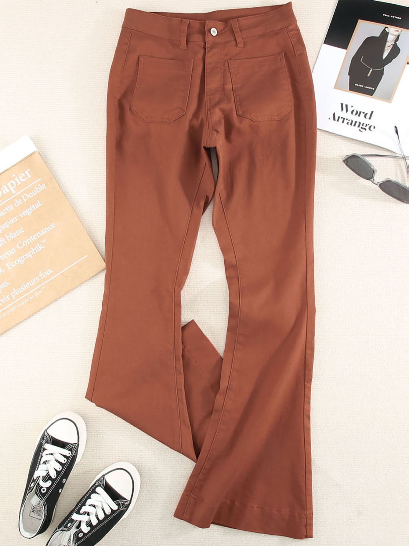 Brown Slash Pockets Flare Jeans High Bell Bottom Wide - Temu