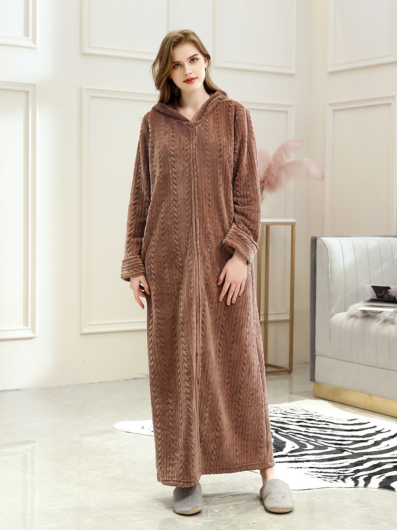 Long Hooded Zipper Bathrobe For Womens Flannel Robes Winter Warm Housecoat  Nightgown Sleepwear Pajamas