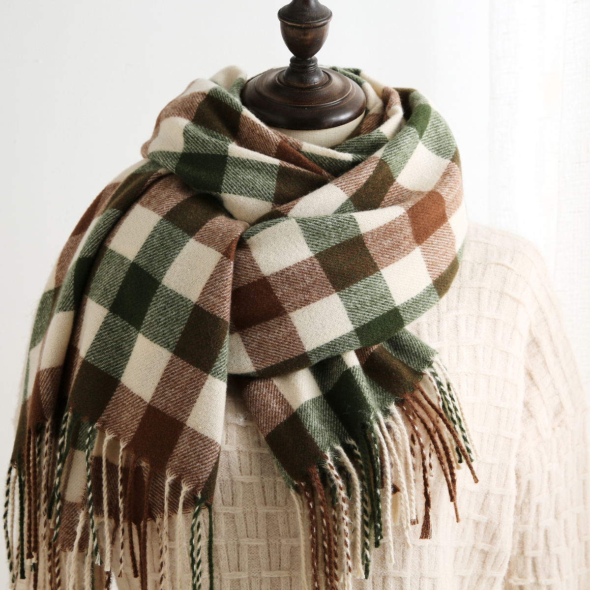 

Unisex Color Block Plaid Scarf Imitation Cashmere Warm Tassel Shawl Autumn Winter Coldproof Neck Scarf