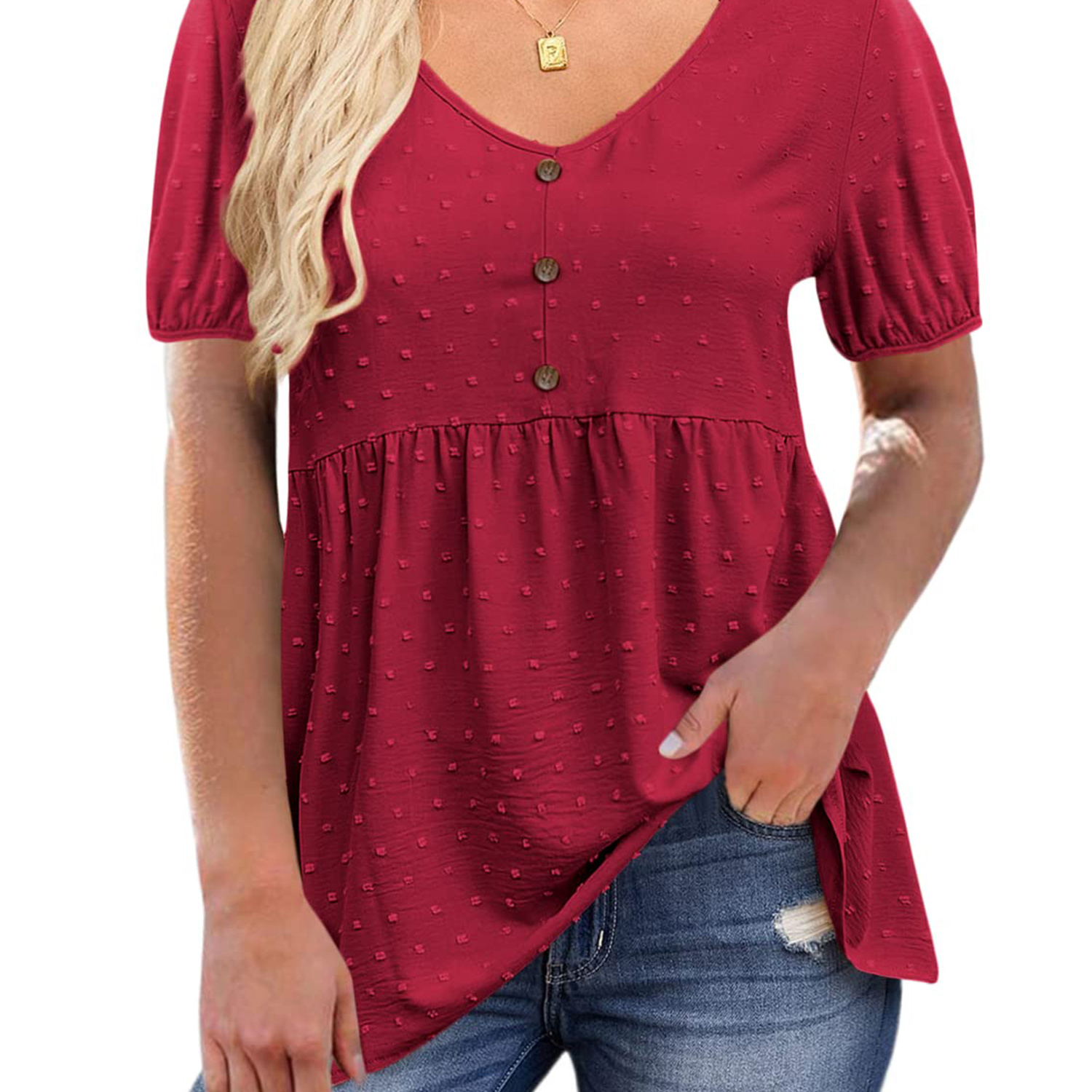 

Dot Solid T-shirt, Casual Short Sleeve V-neck T-shirt, Casual Every Day Tops, Women's Clothing