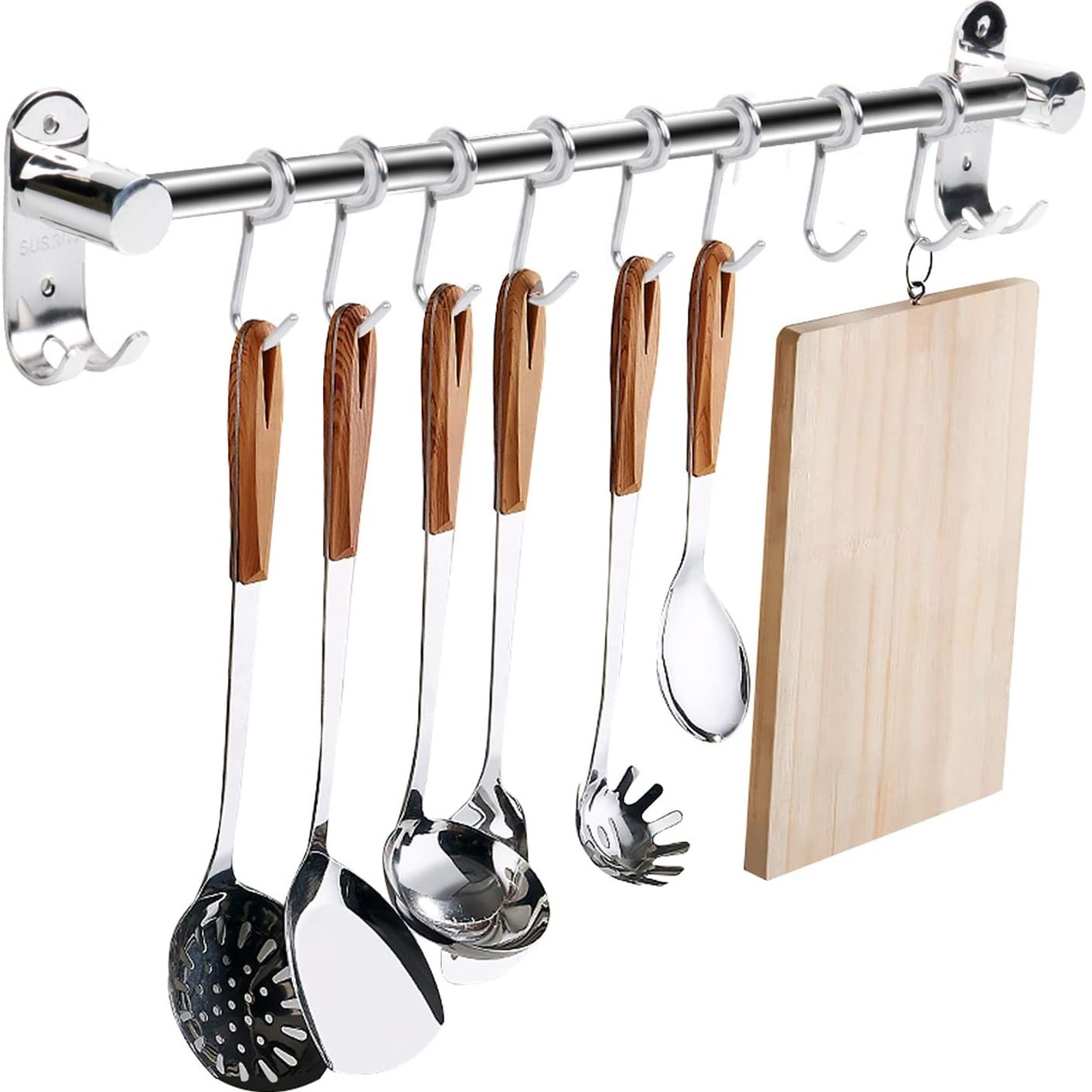 Barra de cocina con 6 ganchos deslizantes, estante de pared para utensilios  de cocina, juego de estante de almacenamiento y organización para colgar  ollas y sartenes, aluminio (plata) JAMW Sencillez