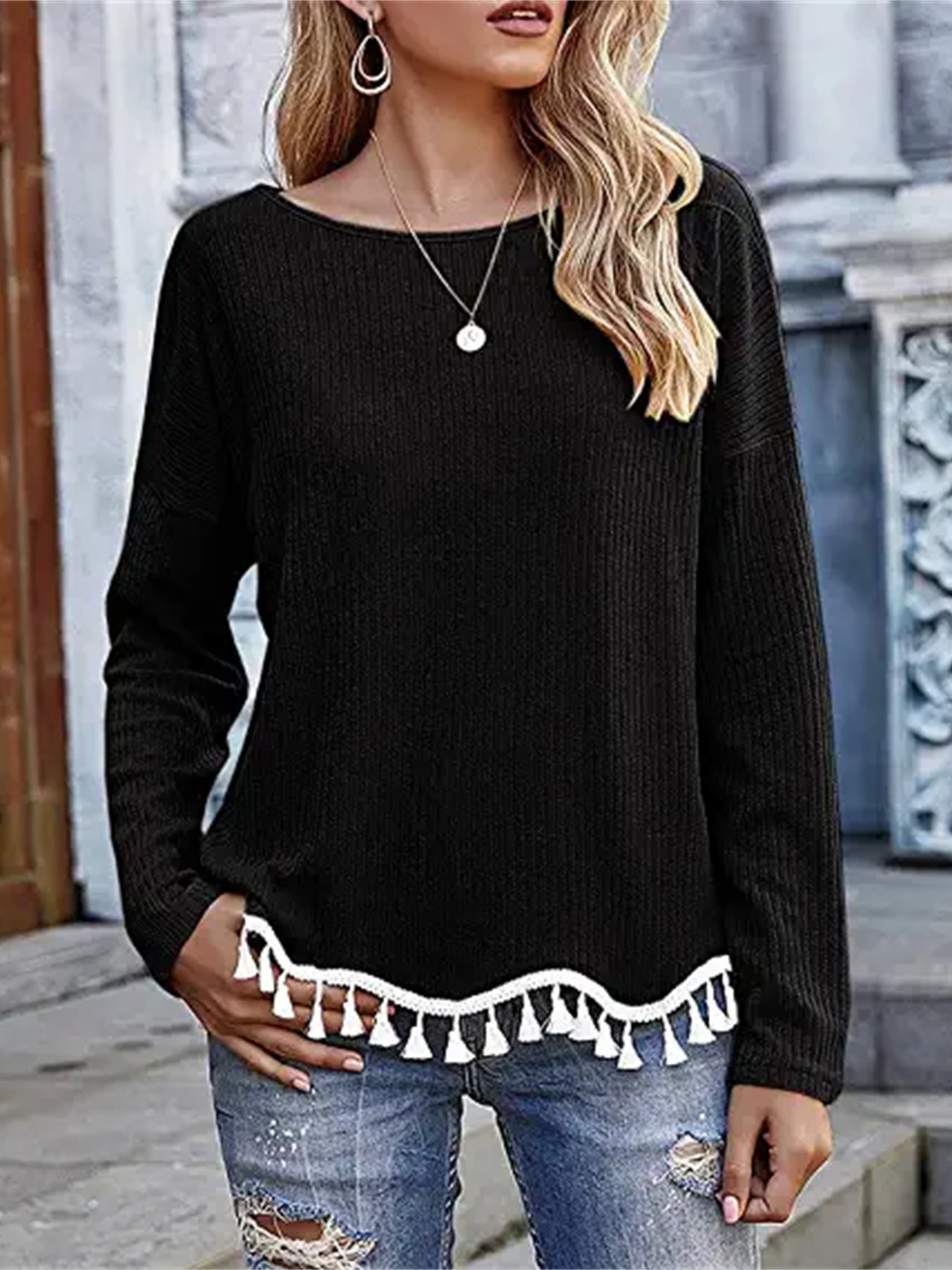 Women's Casual Round Neck Long Sleeve T-shirt Autumn Winter Loose Fashion  Spliced Solid Color Pullovers Tops Female Clothing