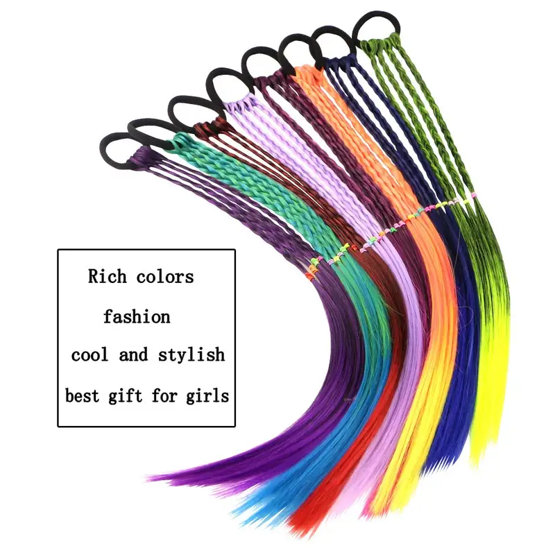 12 Pieces Colored Braids Hair Extensions, Human Hair Extensions with Rubber Bands, Rainbow Braid Synthetic Wigs Ponytail Hair Accessories,Temu