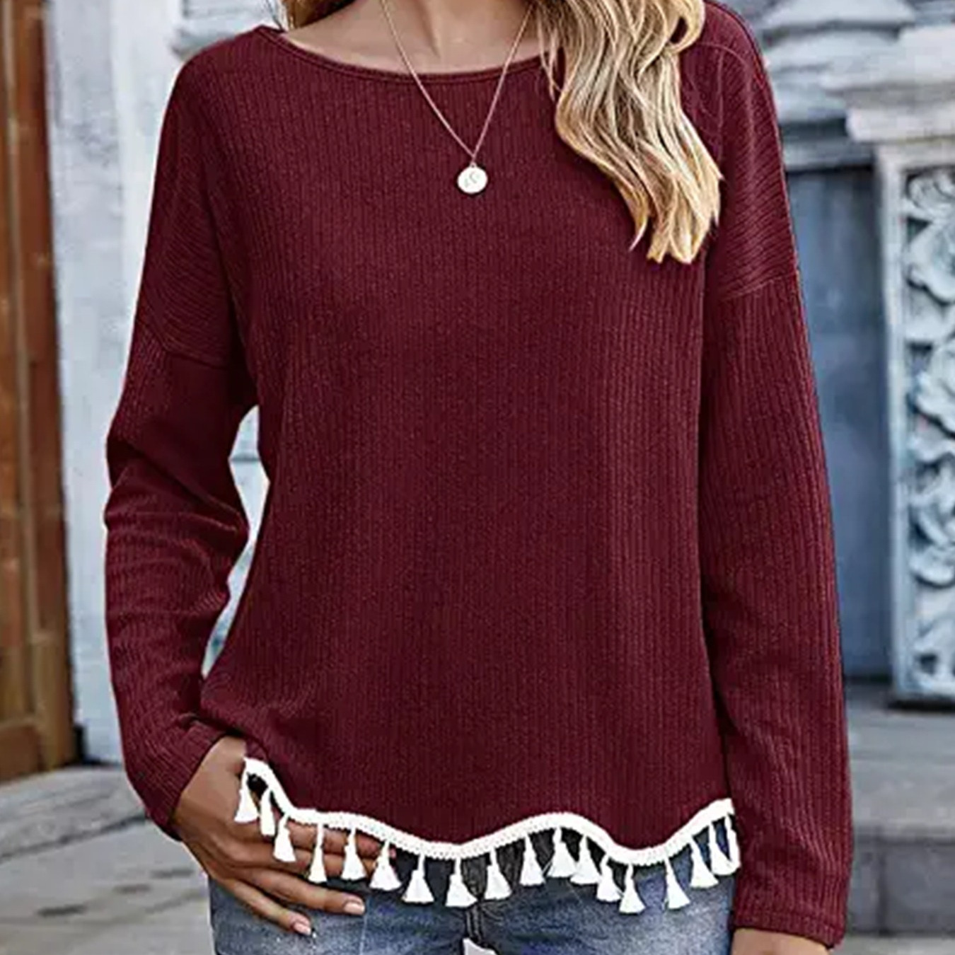 EAM] Loose Fit Red Tassels Casual Sweatshirt New Round Neck Long Sleeve  Women Big Size Fashion Tide Spring Autumn 2024 CP2146 - AliExpress
