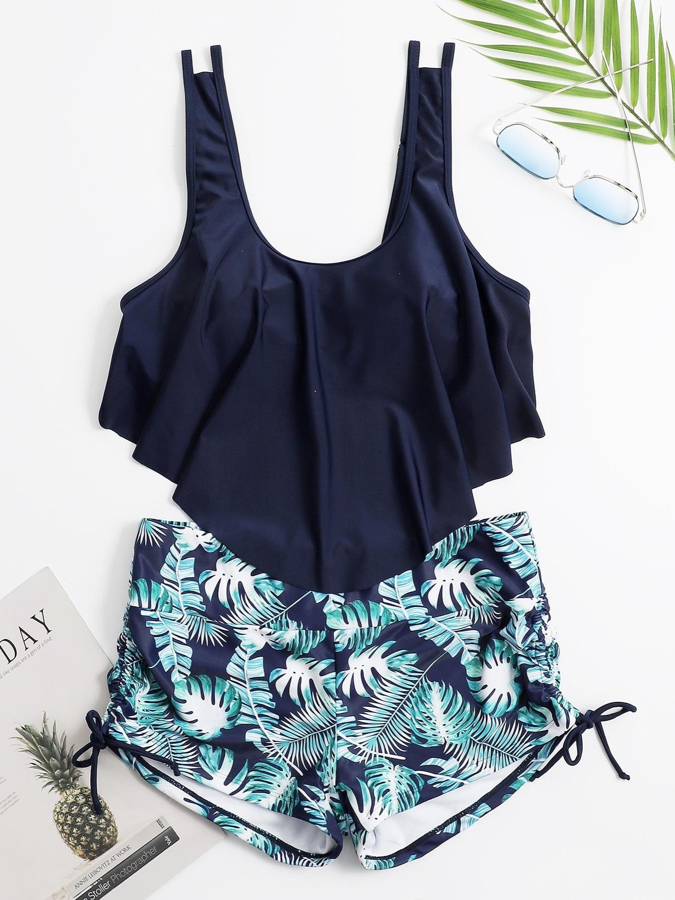 Ruffles Leaf Print Two Piece Tankini Swimsuit | Buy More, Save More | Temu