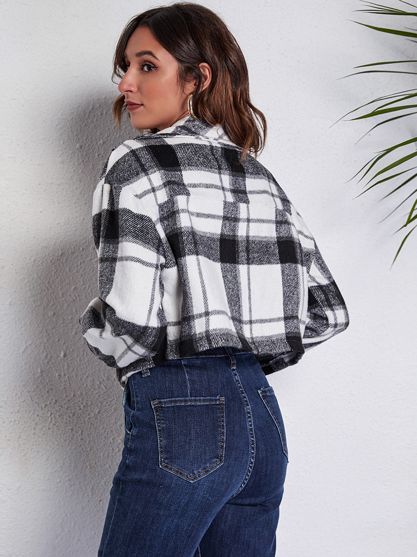 Plaid Cropped Button Down Jacket Flannel Style Plaid Jacket Casual Tops &  Jackets Women's Clothing