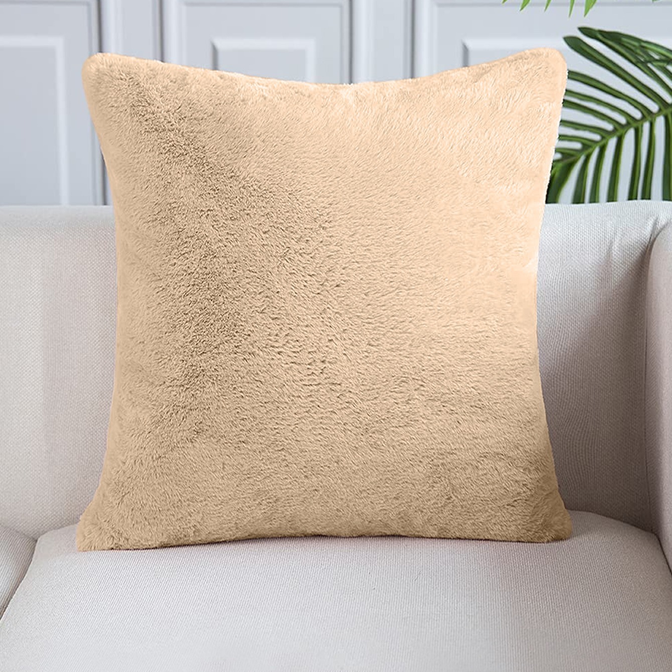 1pc Camel-colored Long Cushion With Furry Ball Decoration