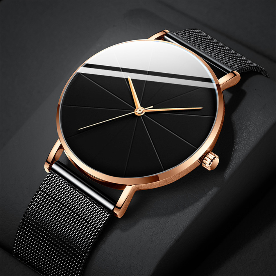 Casual Round Pointer Quartz Watch Large Geo Dial Analog Mesh Strap 