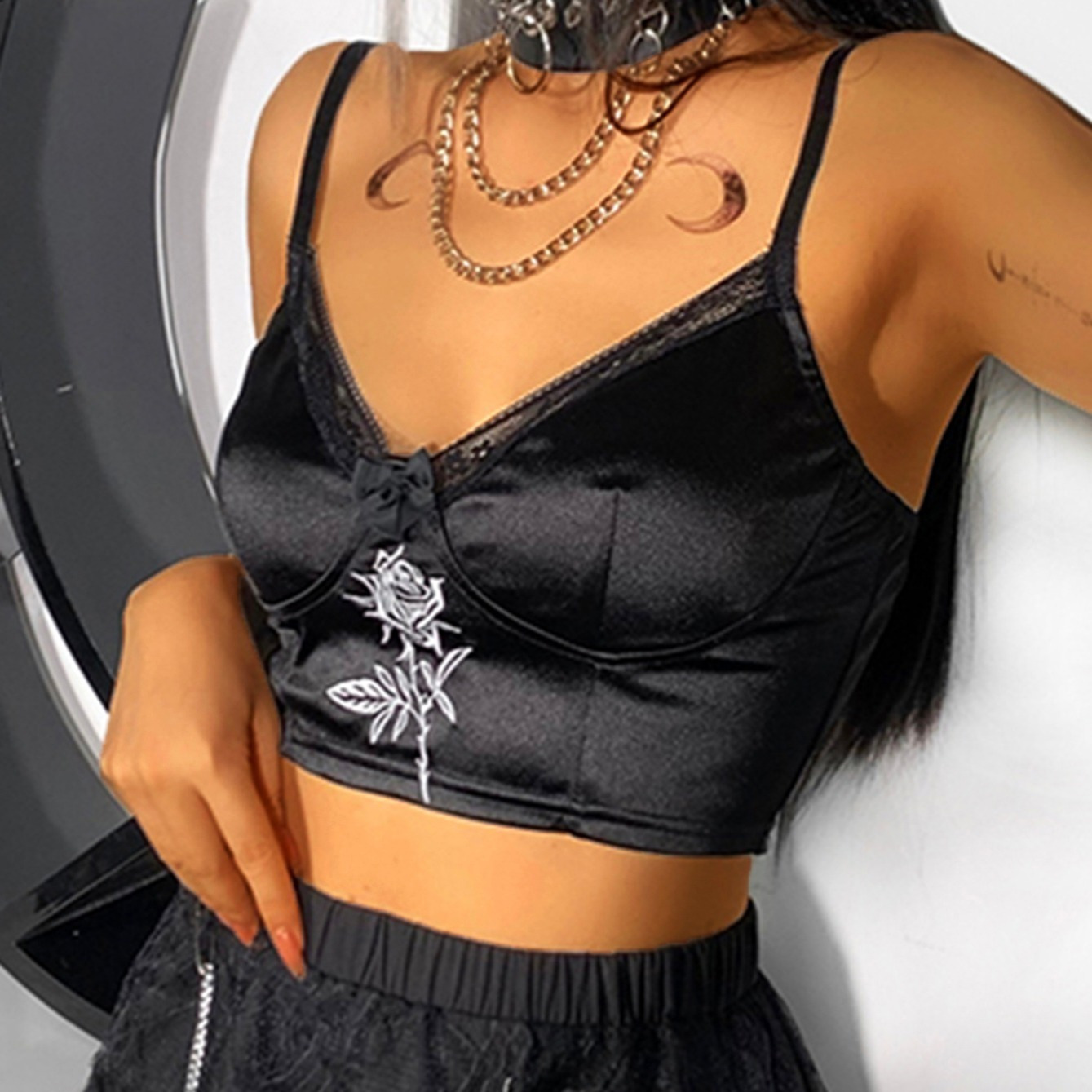 Retro Rose Print Lace Backless Off The Shoulder Gothic Crop Cami