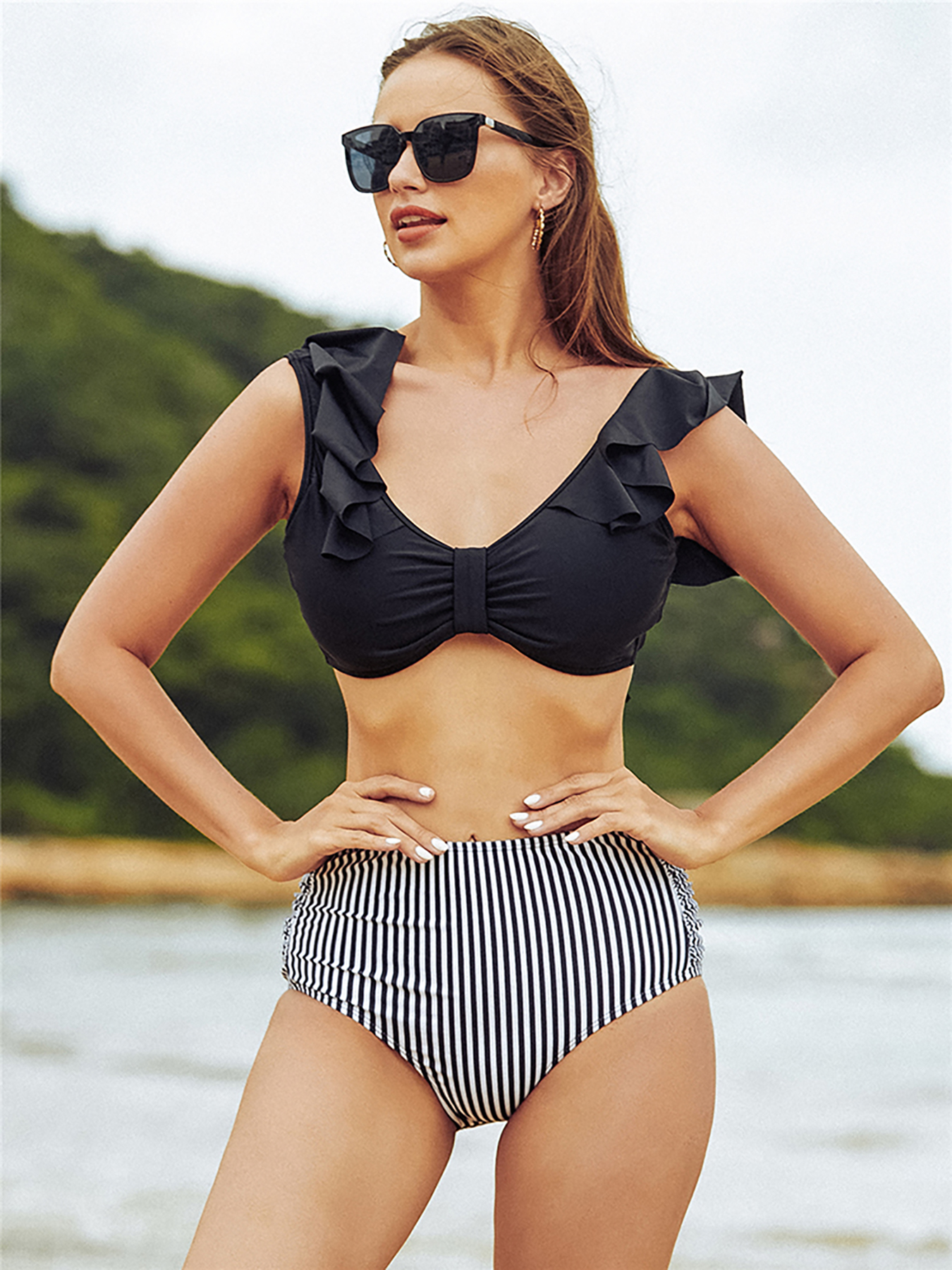 Solid Color Bikini Sets Round Neck High Cut Cover Skirt - Temu Canada