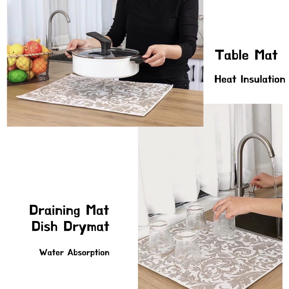 Reversible Dish Drying Mat Absorbent Microfiber Kitchen Stemware