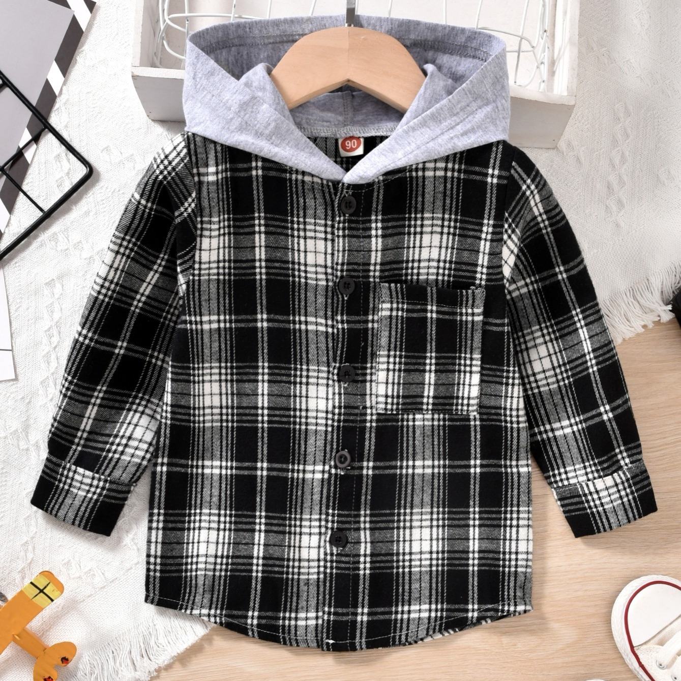 Boys Hooded Black And White Checked Shirt Kids Clothes Free Shipping 