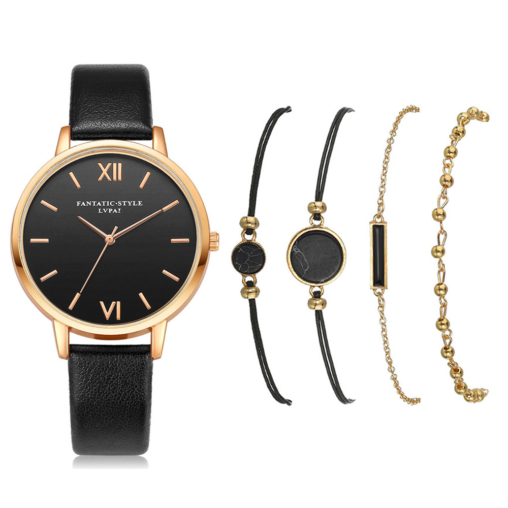 Lvpai 5pcs Set Women Watches Bracelet Black Ladies Bracelet Watch