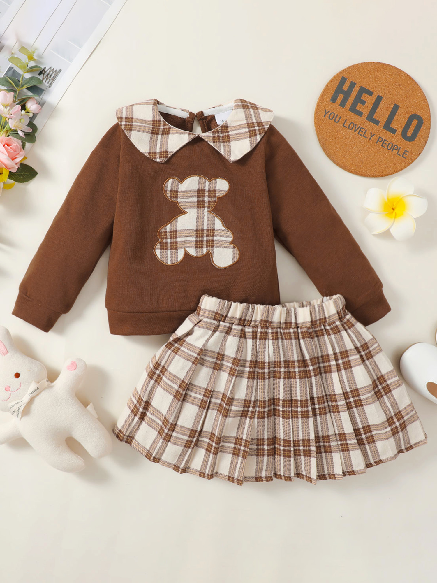 Girl's Plaid Pattern Teddy Fleece Dress & Bear Pattern Bag Set, Doll Collar  Long Sleeve Dress, Kid's Clothes For Spring Fall - Temu