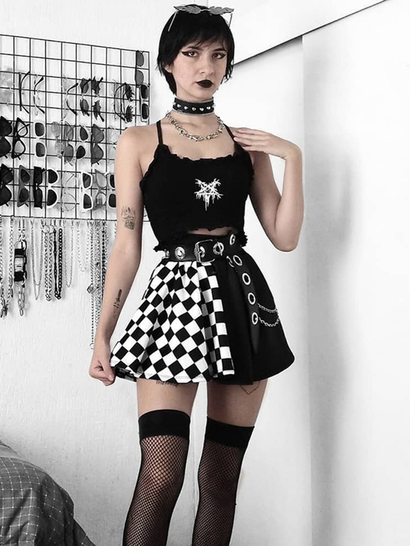 Goth Black & White Mini Skirt, Half Checkered Print Short Skirt Without ...
