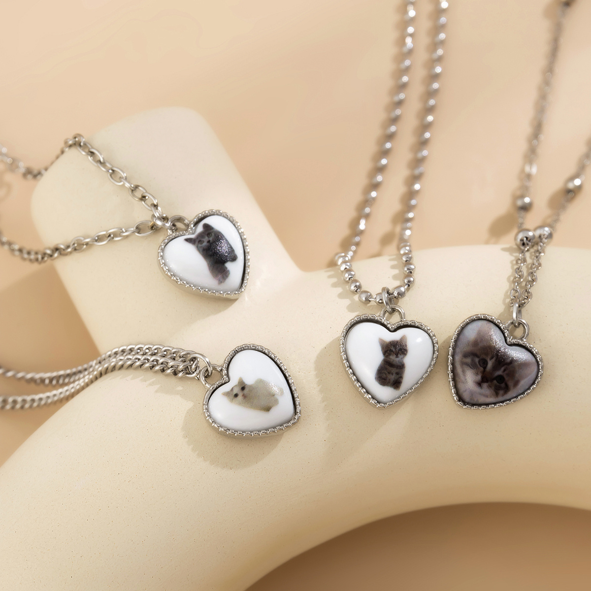 Cat Pattern Heart Pendant Necklace Set,Locket Necklace,Temu