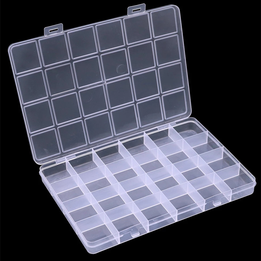 Organizer, plastic, clear, 7x1x5-inch rectangle with 24 compartments. Sold  individually. - Fire Mountain Gems and Beads
