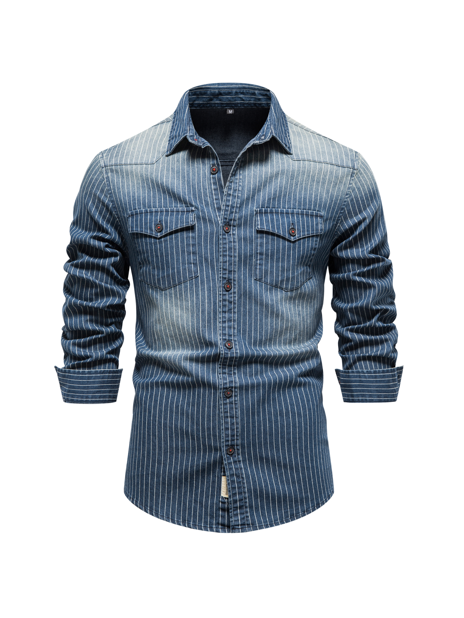 Men's Long sleeved Denim Shirt Button Henry Striped Shirt - Temu