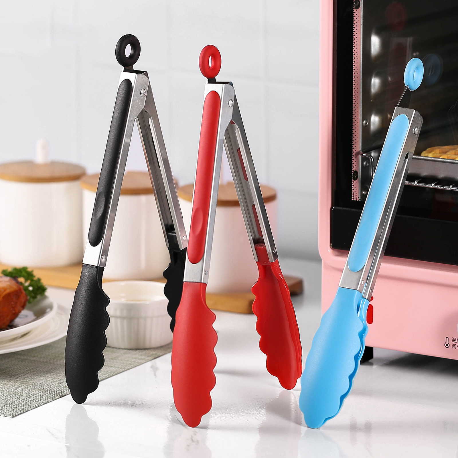 1pc Silicone Food Tongs, Simple Cooking Tongs With Slotted Silicone Tips  For Kitchen, Baking
