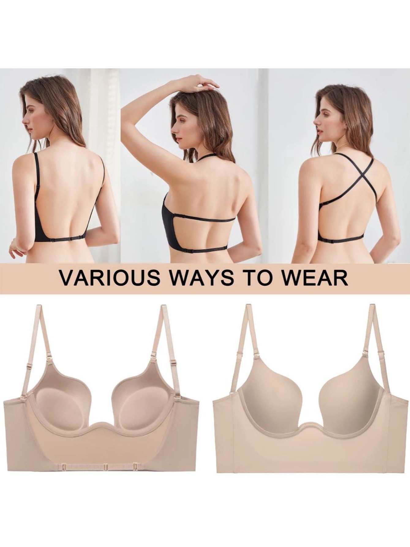 Plunge Bra Underwired Push Up Bra Deep V Low Cut Bralette,Strappy Low Back  Bra for Women : : Clothing, Shoes & Accessories