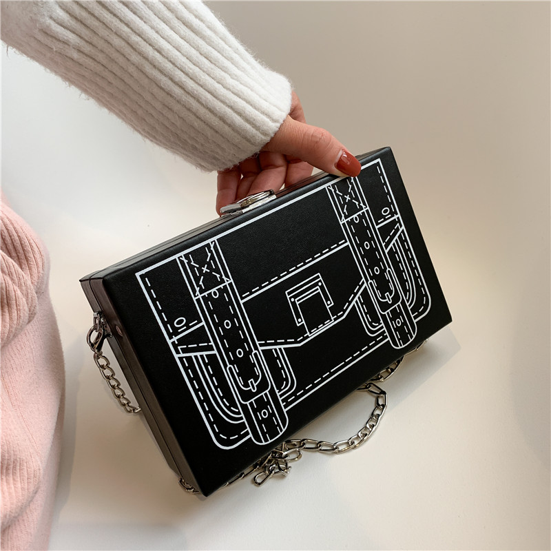 Fashion Printed Black & White Chain Strap Box Bag - Temu
