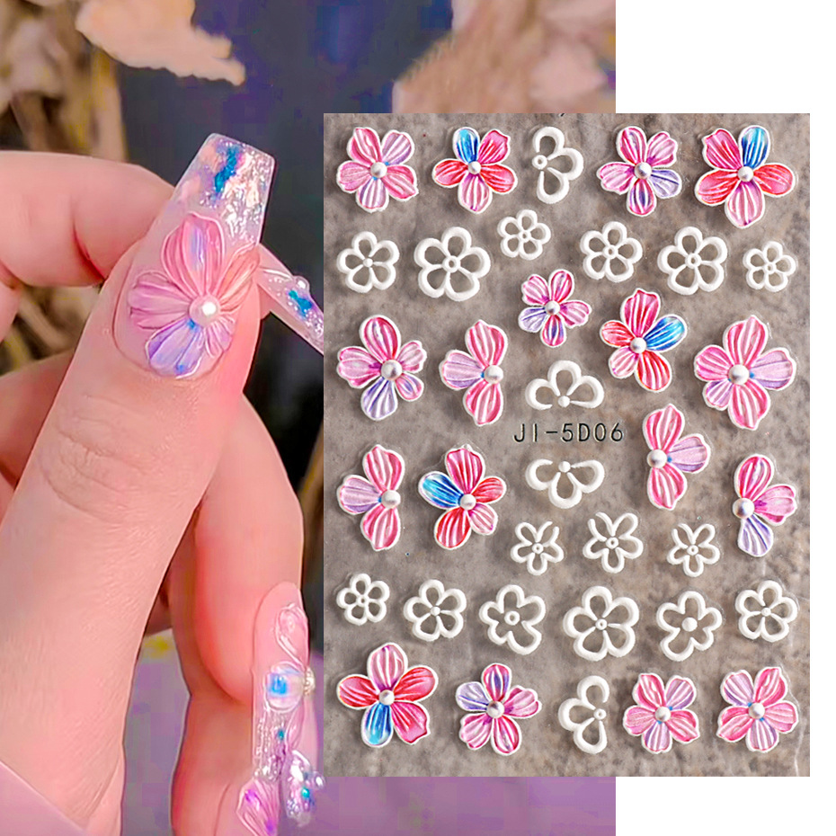 5D Stereoscopic Embossed Flowers Nail Stickers Decals, Real 3D