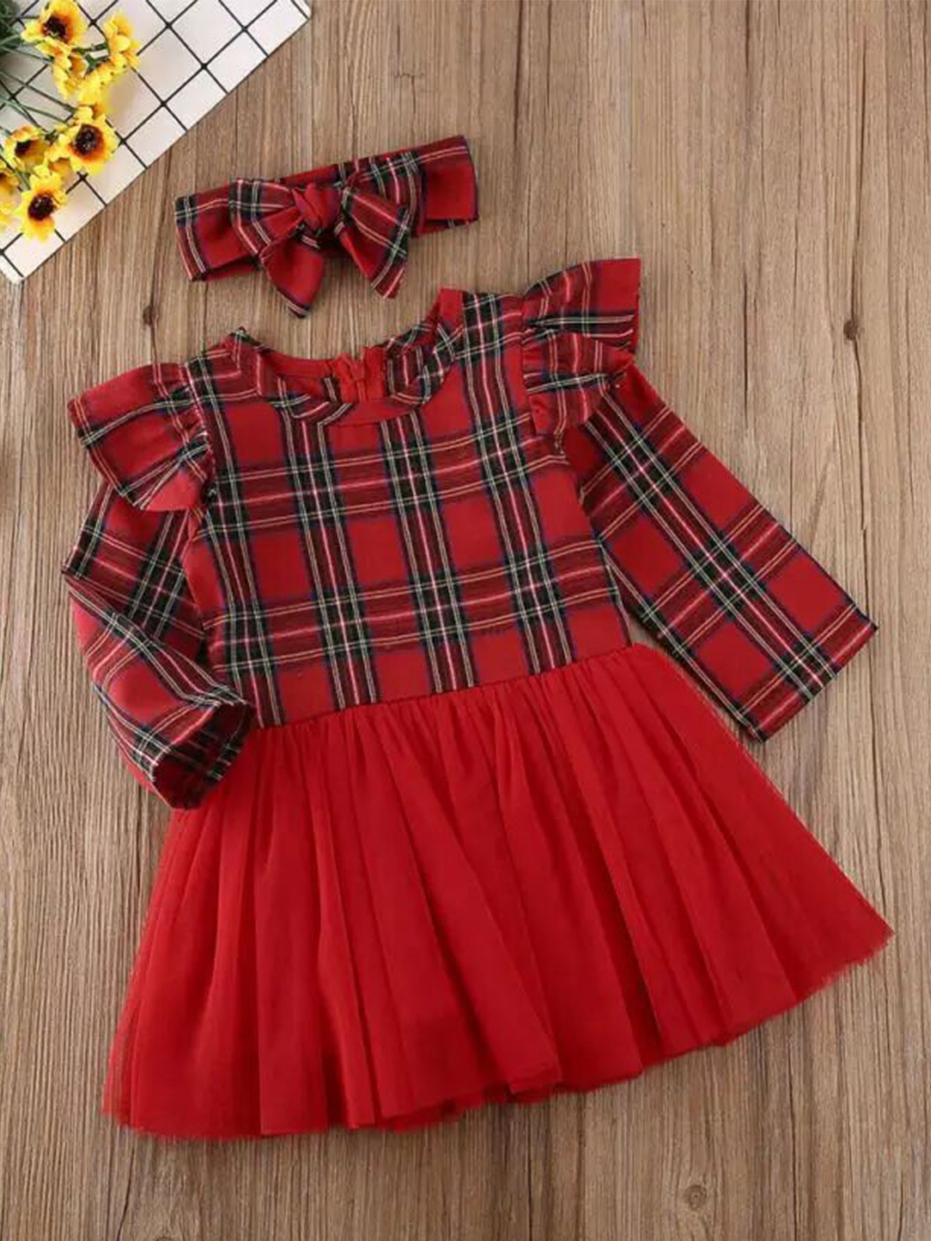 skpabo Toddler Kids Girls Christmas Plaid Dress Princess Dress Square Neck  Bow Tie Long Sleeve A-Line Lace Hem Dress Headband Set 