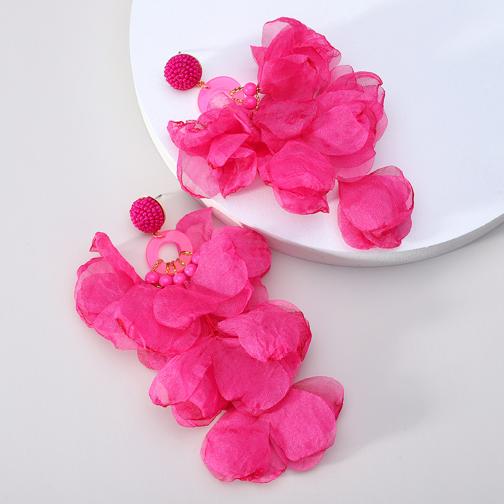 Hot Pink Exaggerated Flower Petal Dangle Earrings Bohemian Style