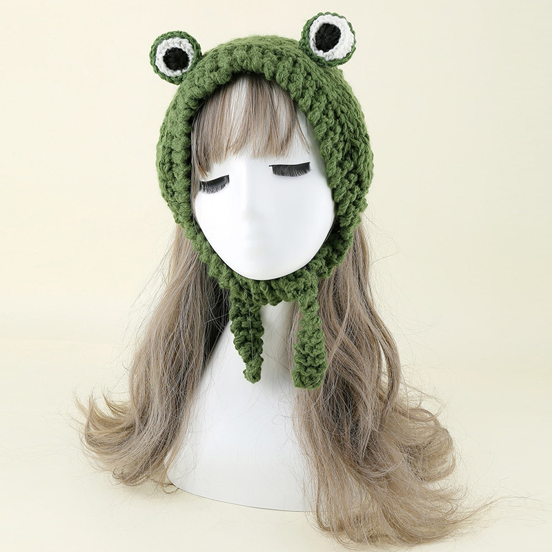 

Green Cute Frog Hat Frog Headband Crochet Knitted Flog Eye Beanie Earflap Cap Photo Prop For Women Daily Use