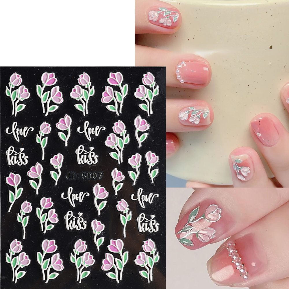 5D Flower Nail Stickers Embossed Stereoscopic Nail Decals Self-adhesive Decals