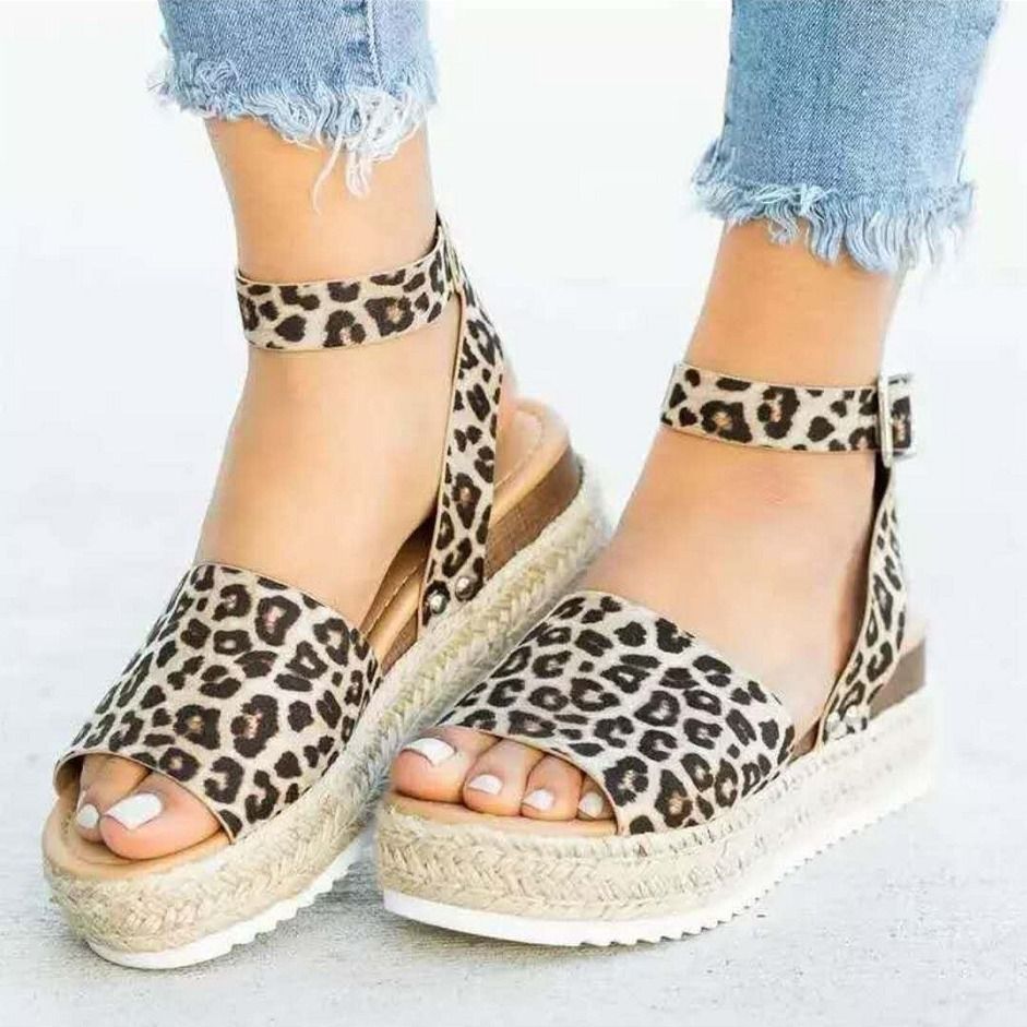 Solid Leopard Print Faux Leather Open Toe Sandals, Women's Platform  Ankle-strap Womens Fashion Backless Buckle Beach Slip On Shoes - Temu