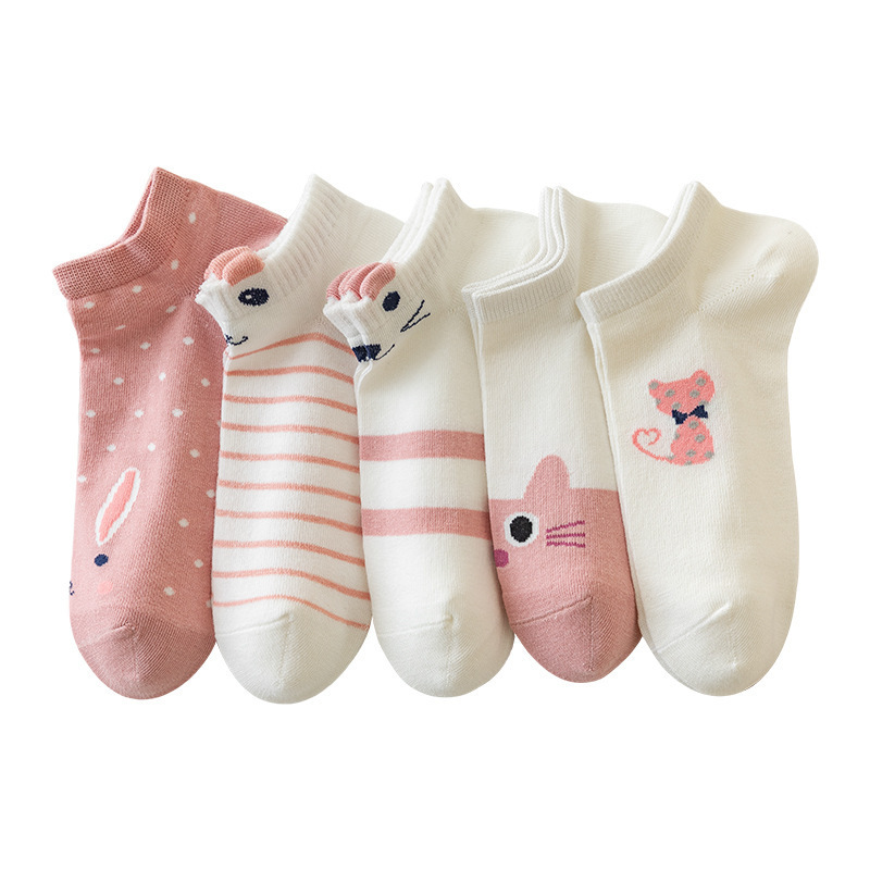 

5pairs Women's Kitty Crew Socks - Pink