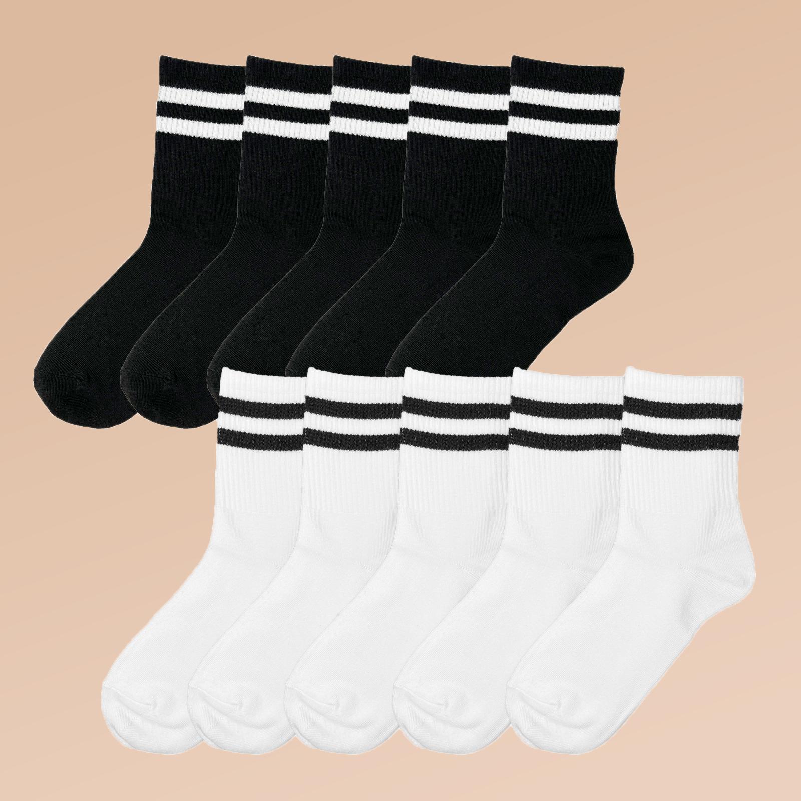

10 Pairs Women's Black & White Striped Casual Sporty Ankle Socks