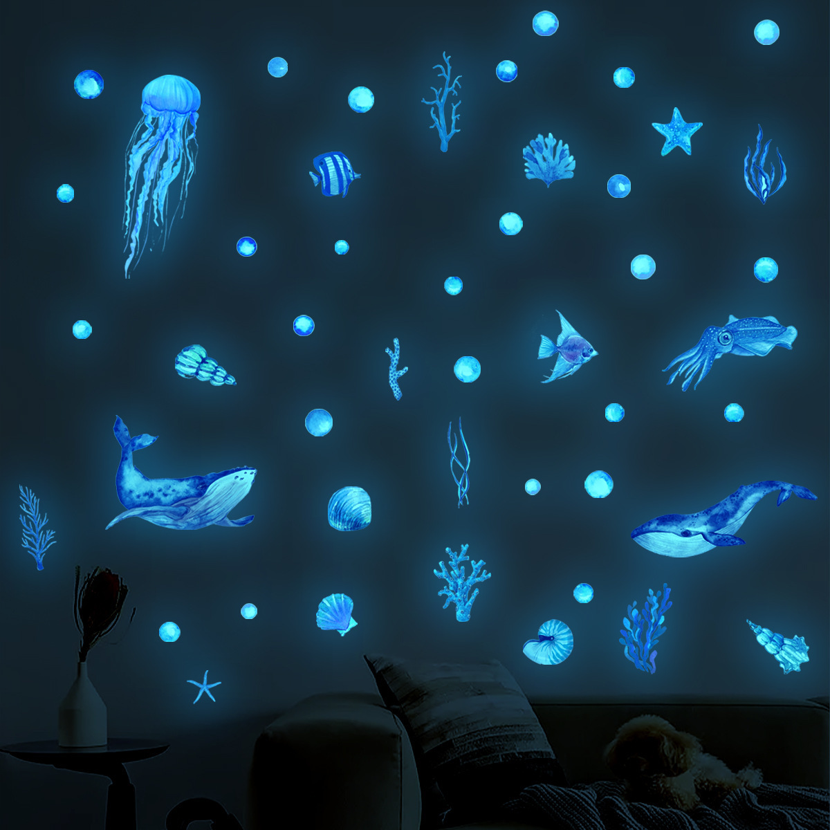 

1 Set Of Blue Luminous Stickers, Underwater World Wall Stickers, Self-adhesive Decals For Bedroom, Wall Decorations