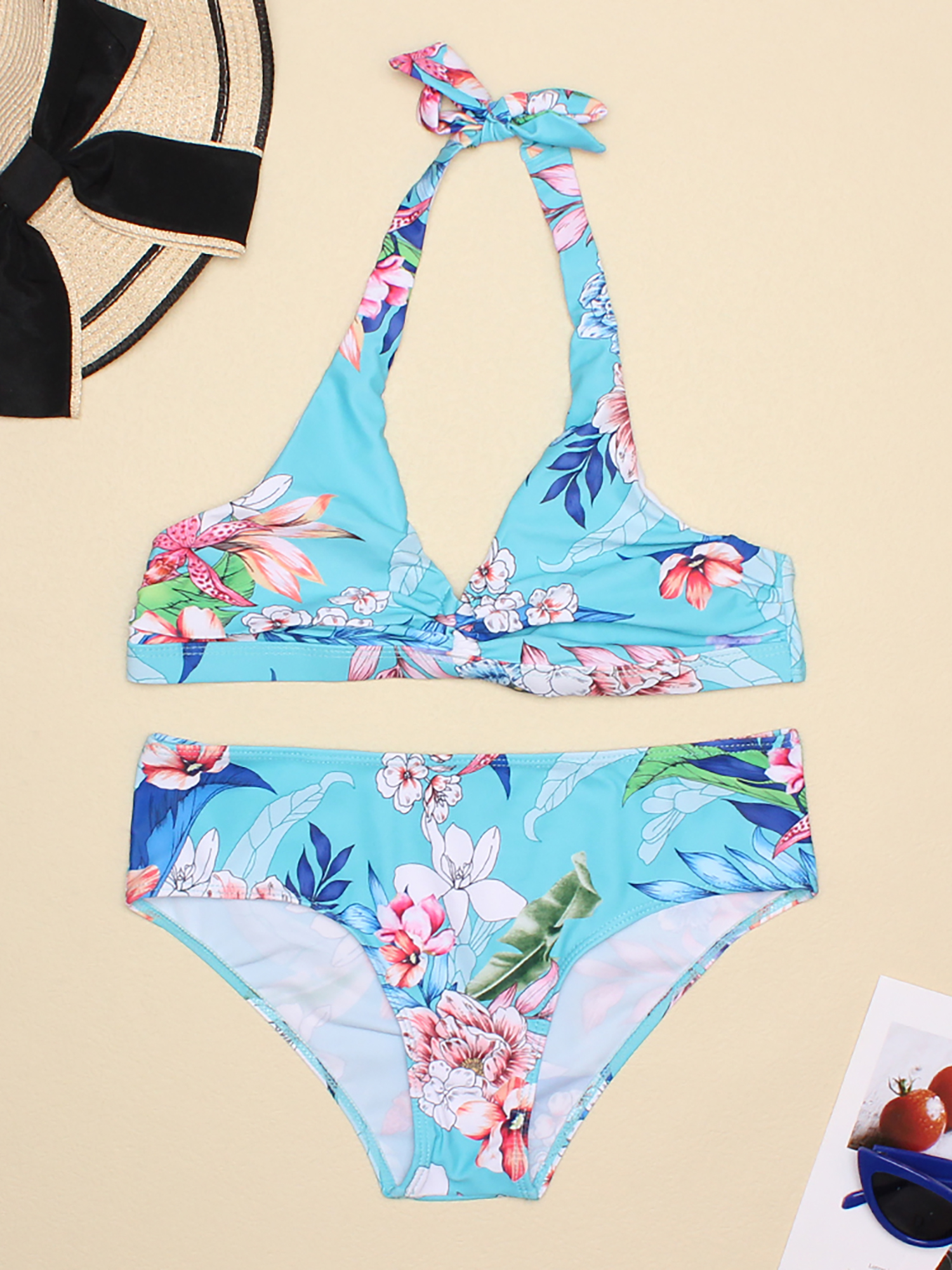 Aayomet Women Floral Print Triangle Tie Side Bikini Set Two Piece Swimsuits  Bikinis for Big Busted Women,Blue Small 