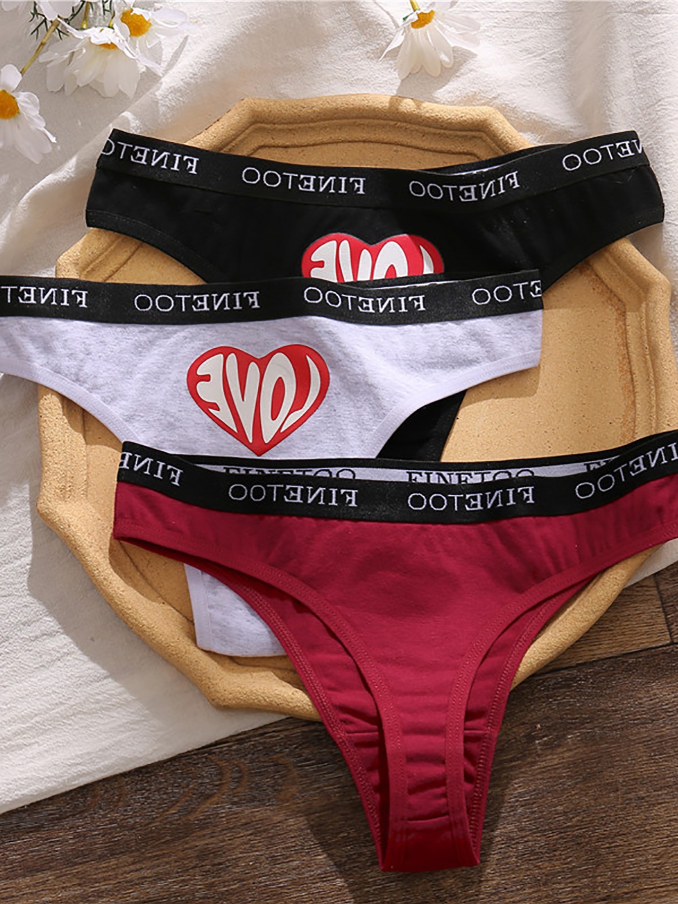 [3 Pack] Cute Heart Letter Pattern Bikini Panties, Mixed Color Bikini Style  Cotton Panties, Women's Lingerie & Underwear