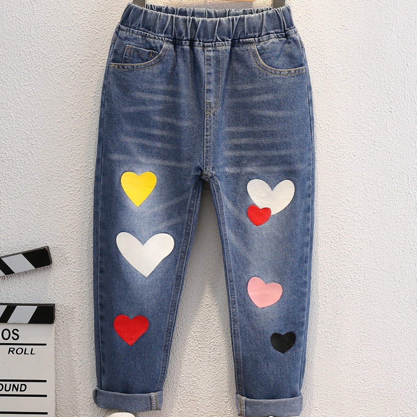 Girls Cute Heart Graphic & Roll Up Hem Elastic Waist Casual Jeans For Street Daily Outfit Kids Clothings