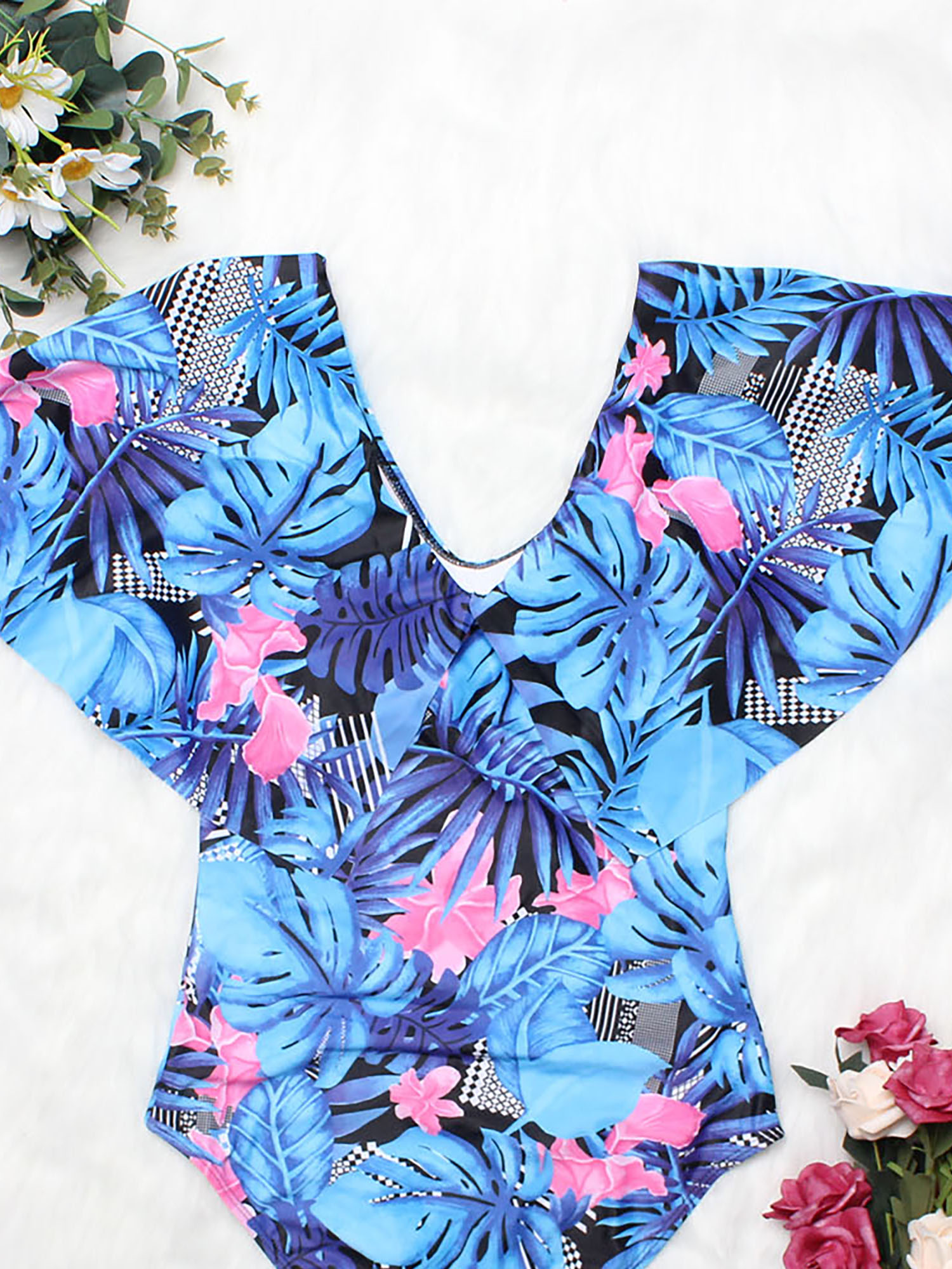 Fairnull Women Beach Monokini Sleeveless Flower Print Solid Color