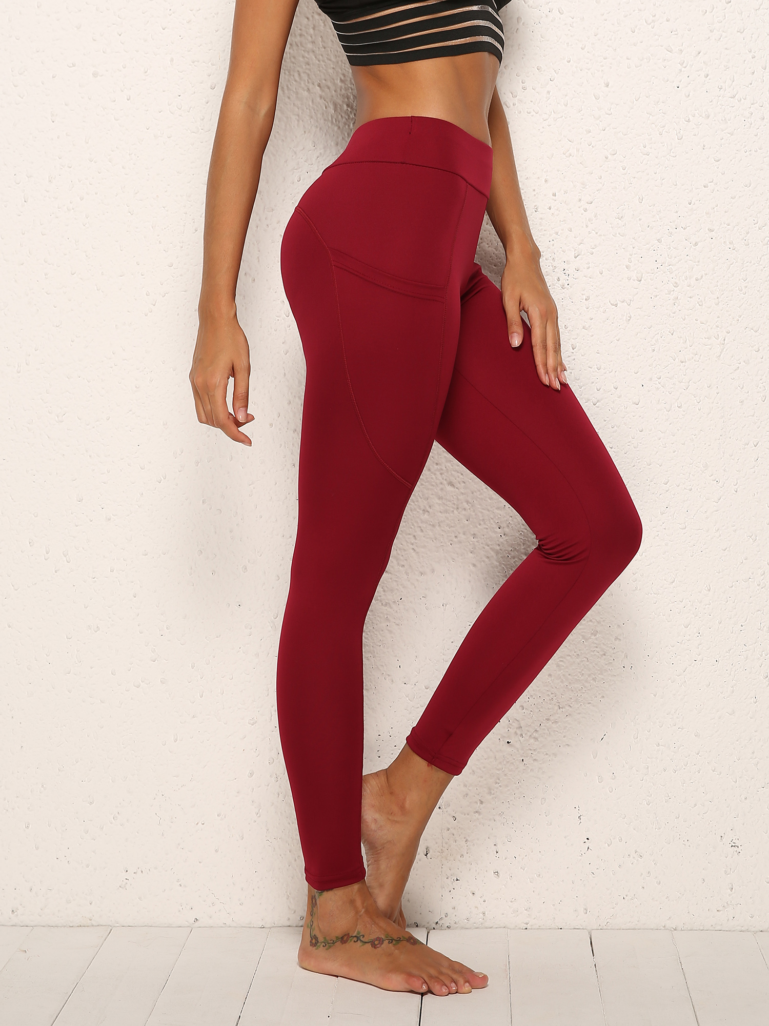  Dark Red Plain Butt Lift Yoga Pants for Women Seamless