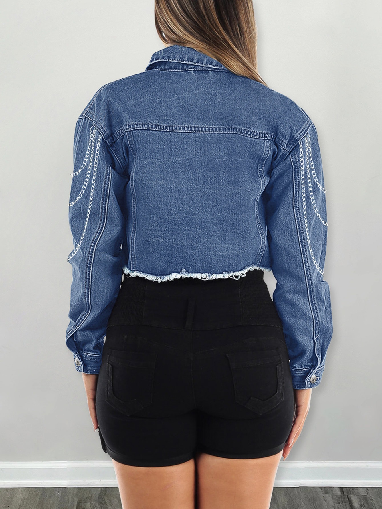 Blue Metal Chain Denim Janckets Long Sleeve Hem Flap Pockets