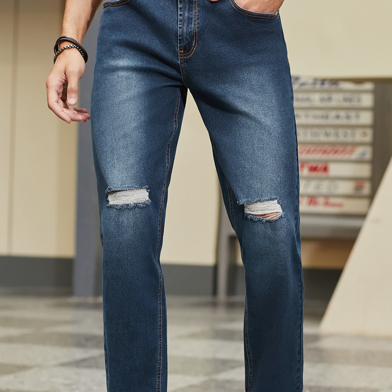 Men's Dark Blue Shredded Slim Fit Straight Jeans Clothing, Shoes