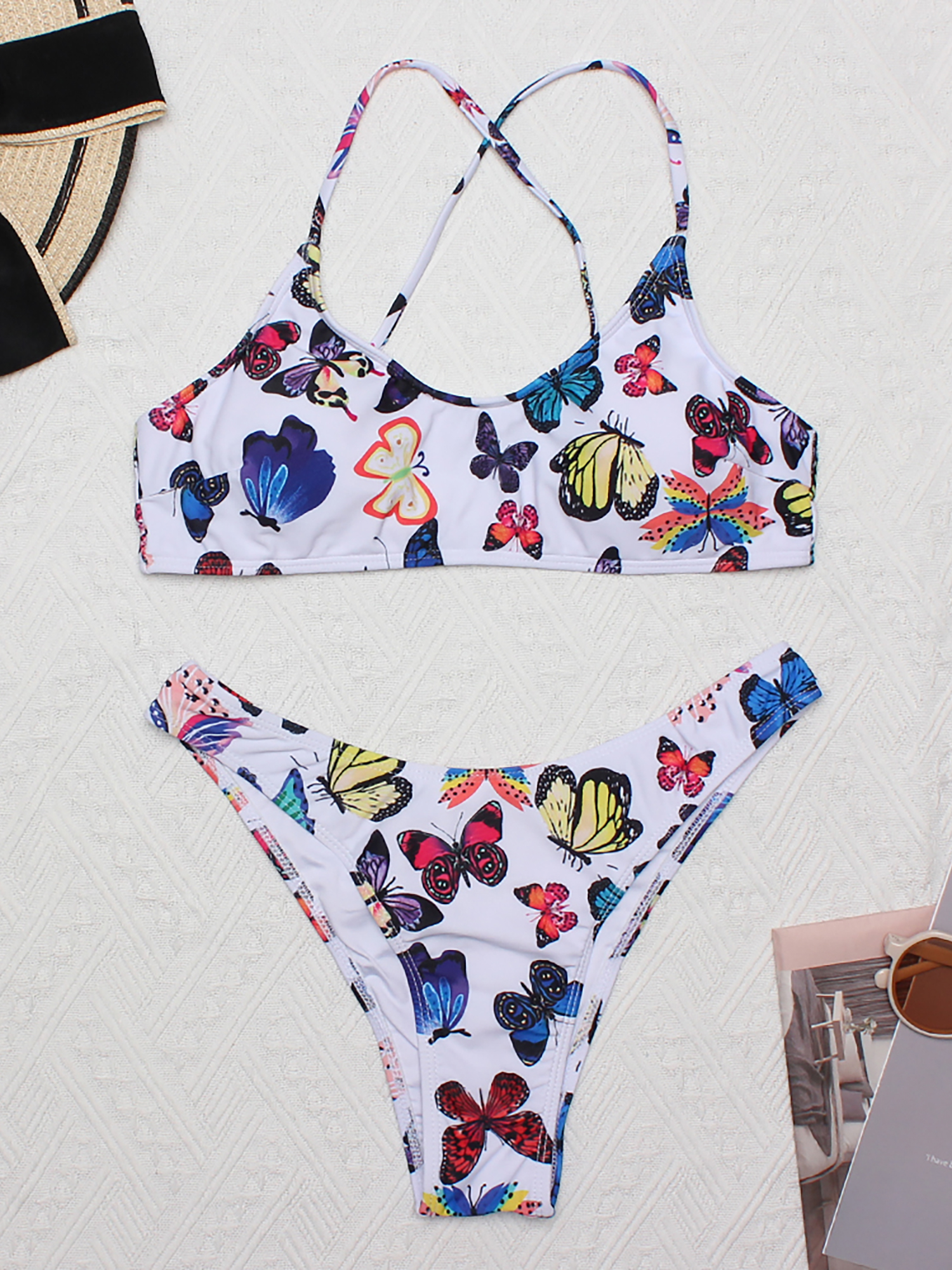 Strawberry Print Criss Cross Bikini Sets Stretchy Ladder - Temu