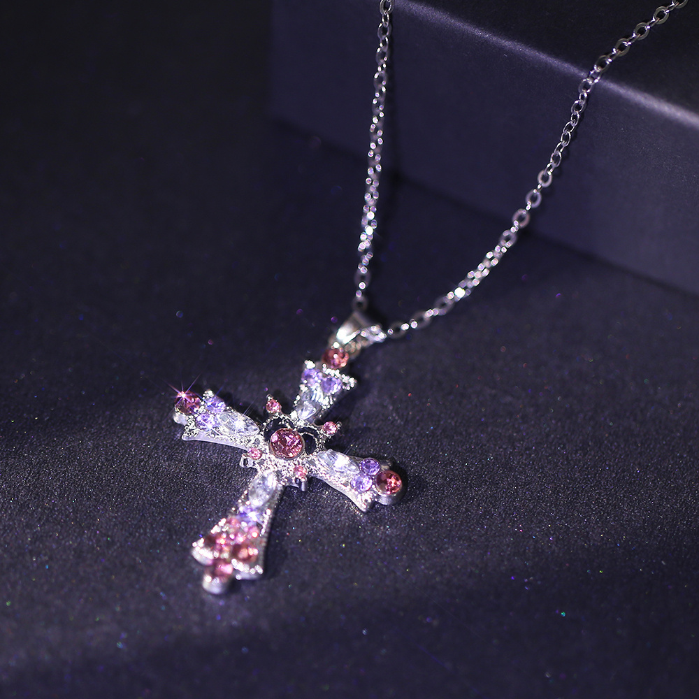 Pink Zircon Cross Pendant Necklace
