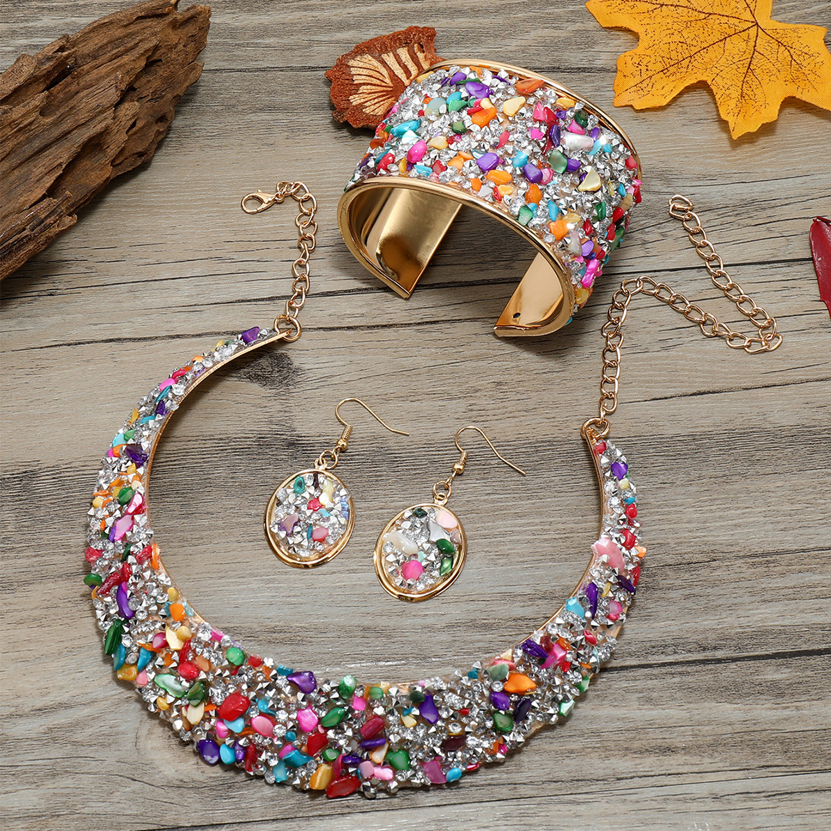

22k Gold Plated Jewelry Set With Choker Necklace & Drop Earrings & Open Cuff Bangle Bracelet Inlaid Colorful Rhinestone