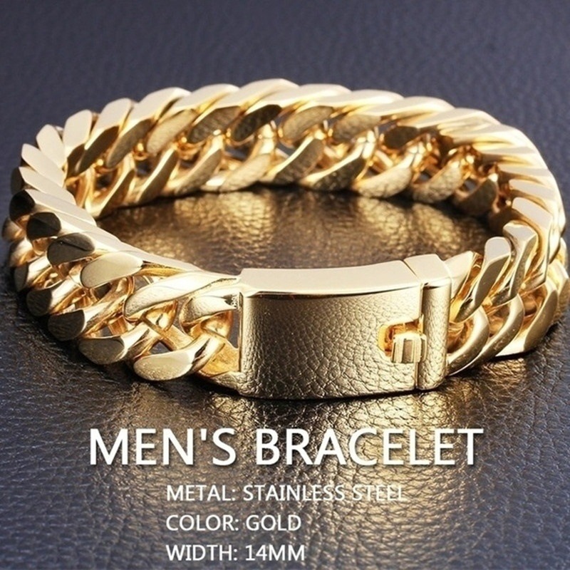 Men's Golden Plated 10mm Alloy Double Buckle Bracelet