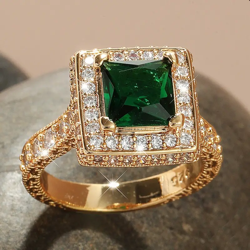 large square emerald glass white zircon plated 18k yellow gold ring details 5