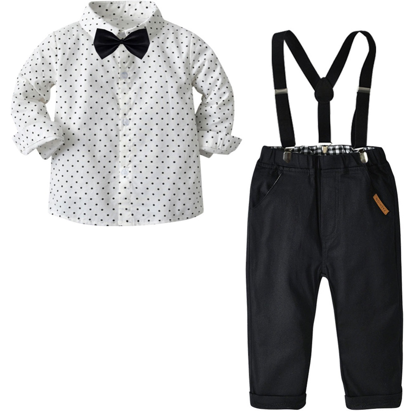 

Baby Boys Gentleman Outfit Long Sleeve Polka Dot Shirt & Suspender Pants With Bow Set Kids Clothes